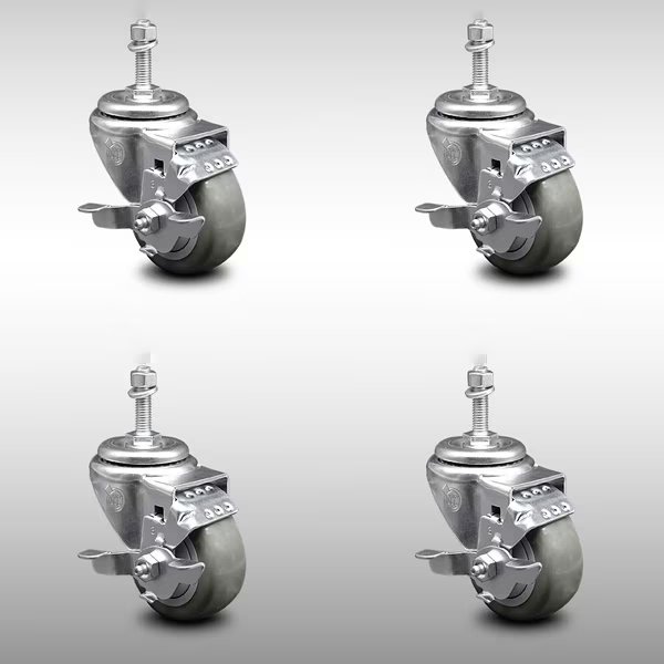 3 Inch SS Gray Polyurethane Wheel Swivel 3/8 Inch Threaded Stem Caster Set Brake, Service Caster, Mfr#: SCC-SSTS20S314-PPUB-TLB-381615-4